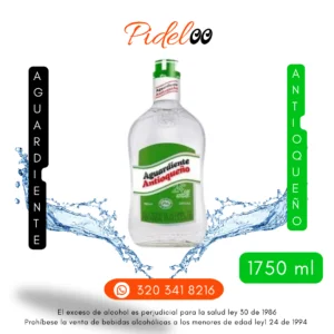 Aguardiente Antioqueño a domicilio - Garrafa de aguardiente Antioqueño verde sin azúcar de 1750 ml
